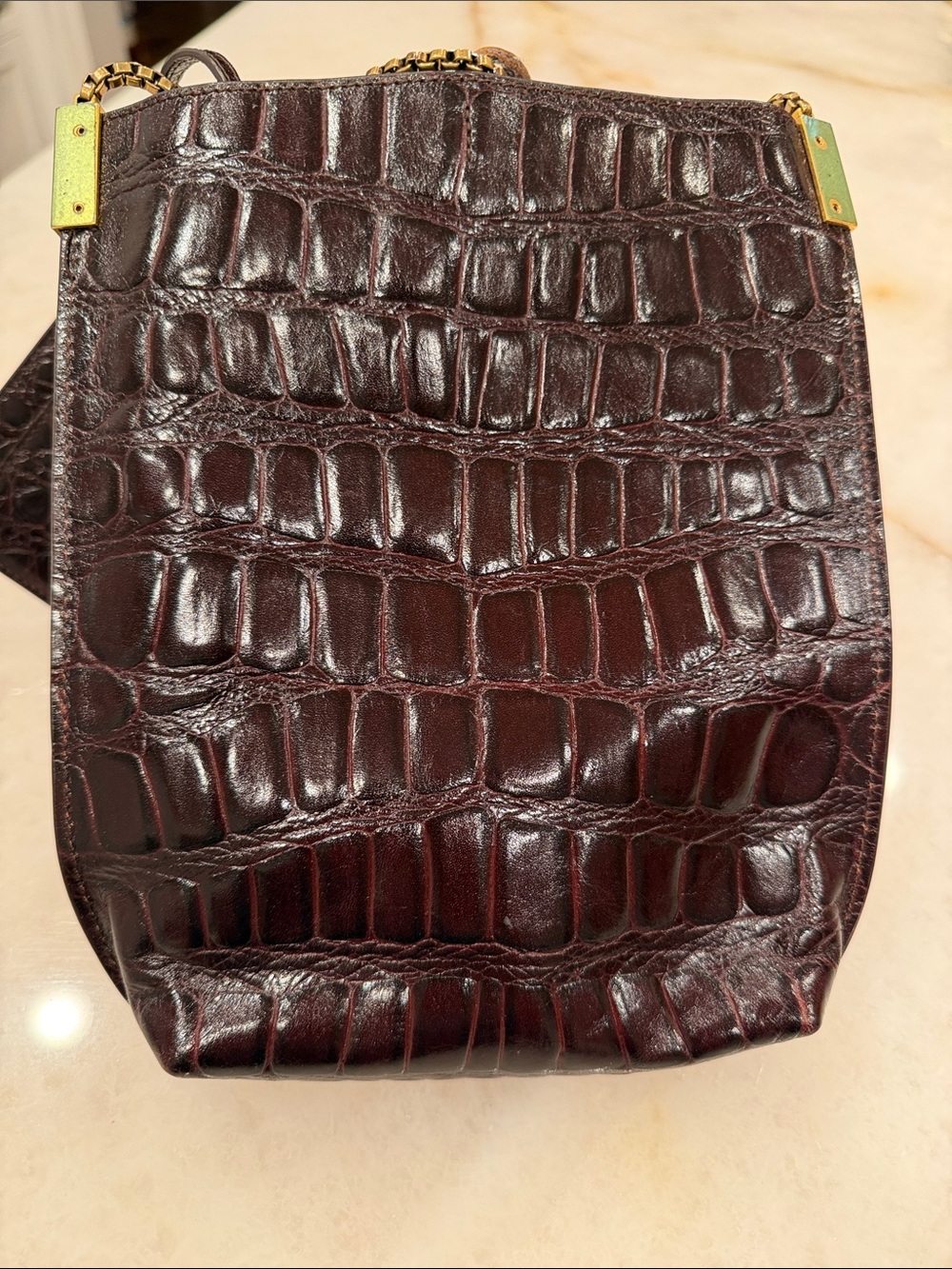 Saint Laurent Croc-Embossed Crossbody in Deep Burgundy with Gold Chain - Picture 7 of 7